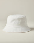 Stork And Baby white 100% cotton woven bucket hat with embroidered flower detail. Lightweight and breathable for baby.