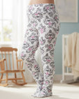 Stork And Baby white 100% cotton leggings with pink and black damask print and butterflies. Comfortable fit.