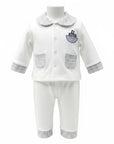 Stork And Baby white 100% cotton long sleeve baby set with boat embroidery and grey checked trim.