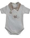 Stork And Baby white 100% combed cotton baby romper with embroidered bunny, balloon, and car. Neutral design.