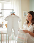 Stork And Baby white velour baby growers with embroidered ABC, ideal for premature babies.