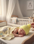 Stork And Baby yellow knit pom pom beanie on a sleeping baby, cozy winter accessory
