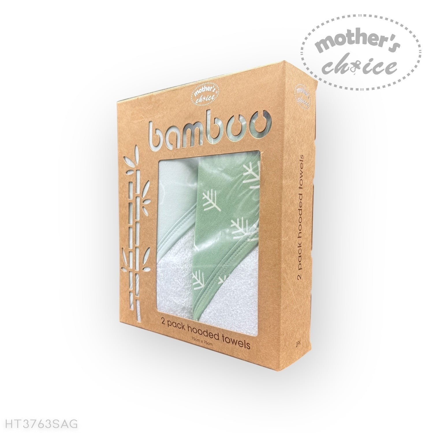 Packaged bamboo hooded towels with 'Mother's Choice' branding on a white background