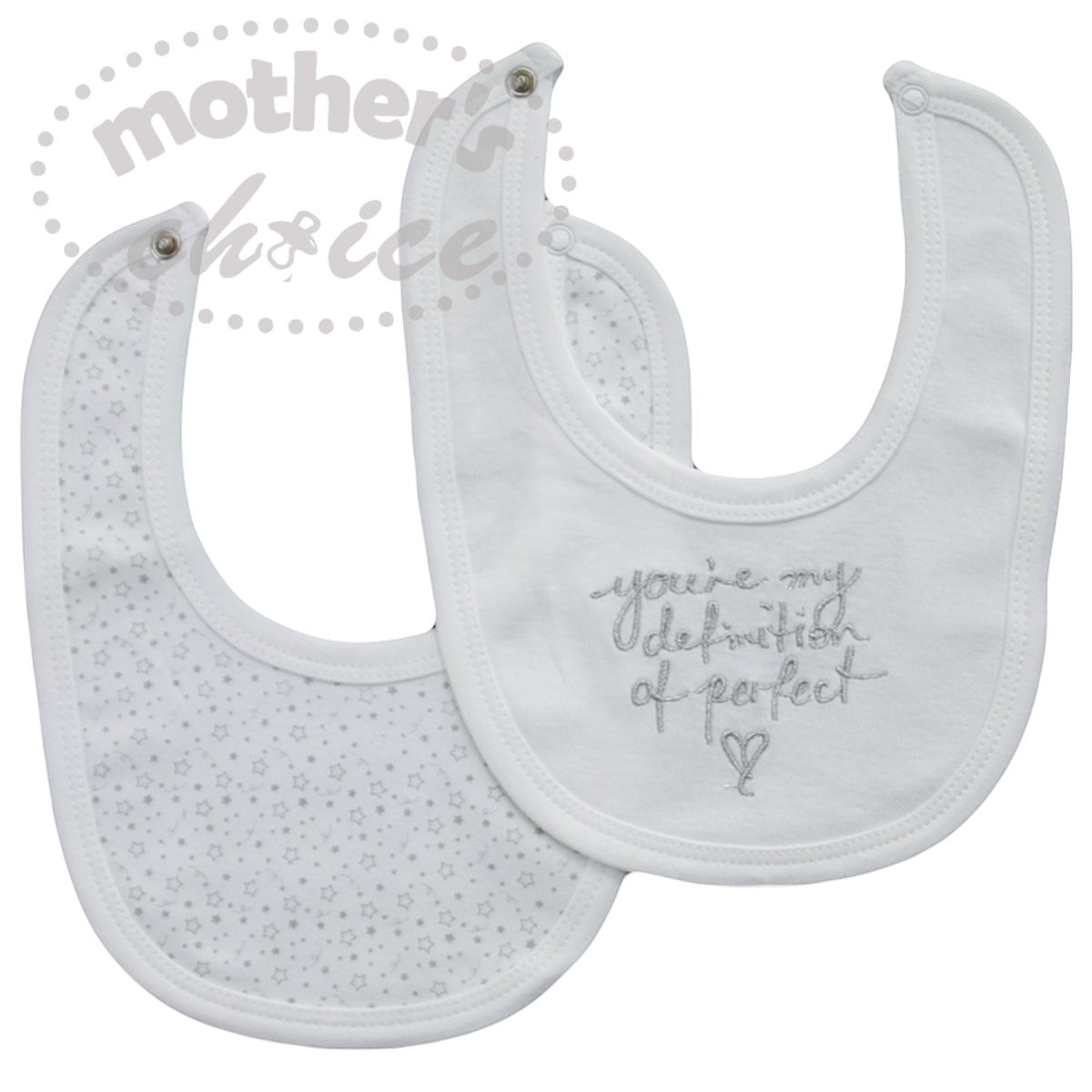 Two white baby bibs with text on a white background