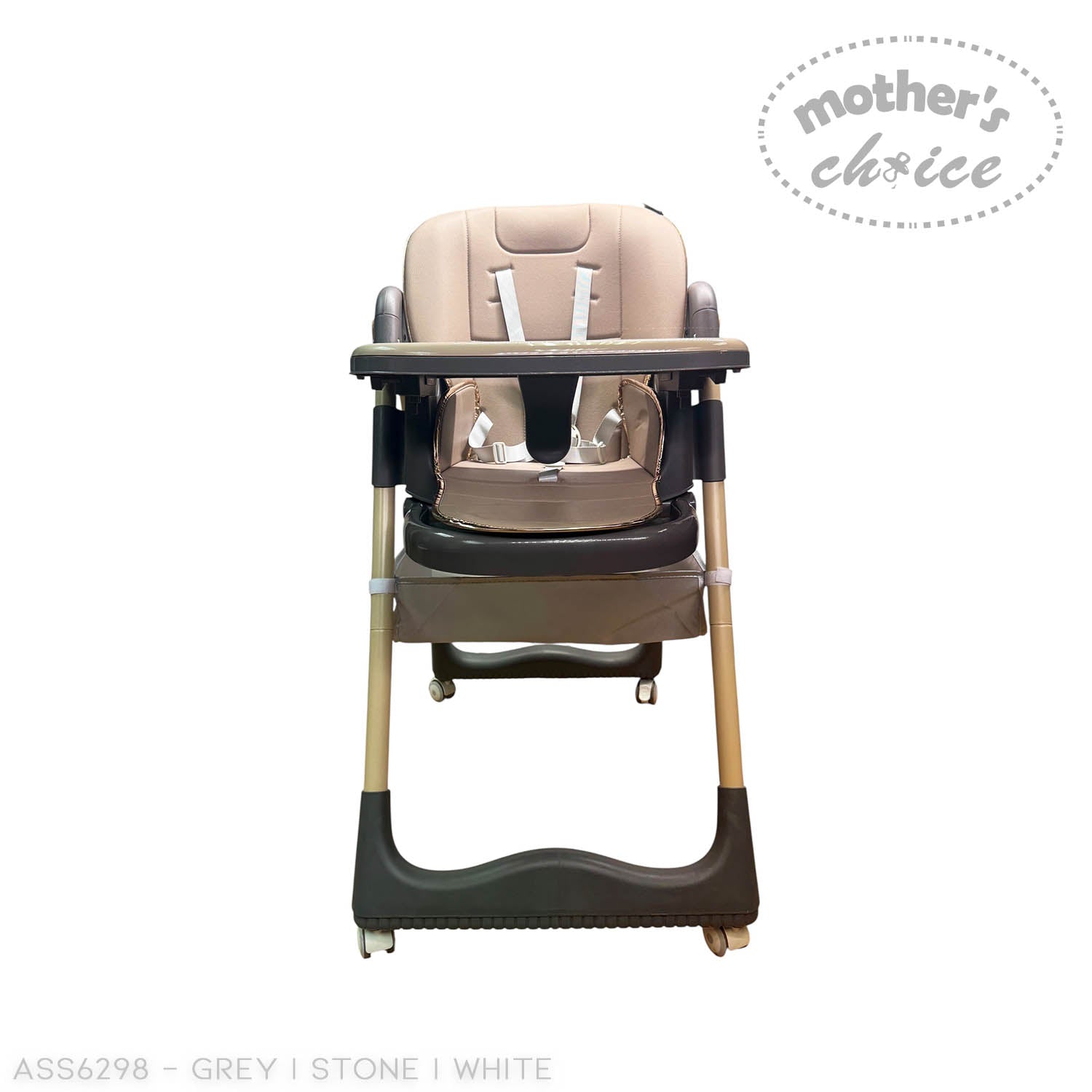 Beige and black high chair with 'Mother's Choice' branding on a white background