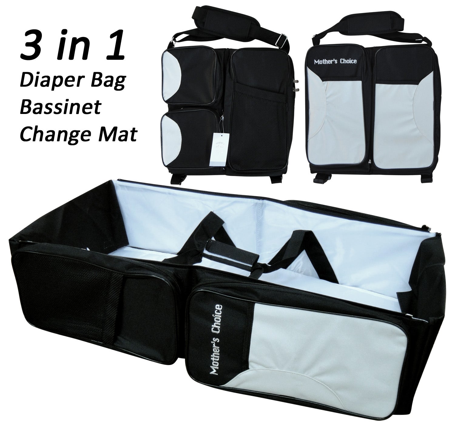 3-in-1 diaper bag, bassinet, and change mat with 'Mother's Choice' branding.
