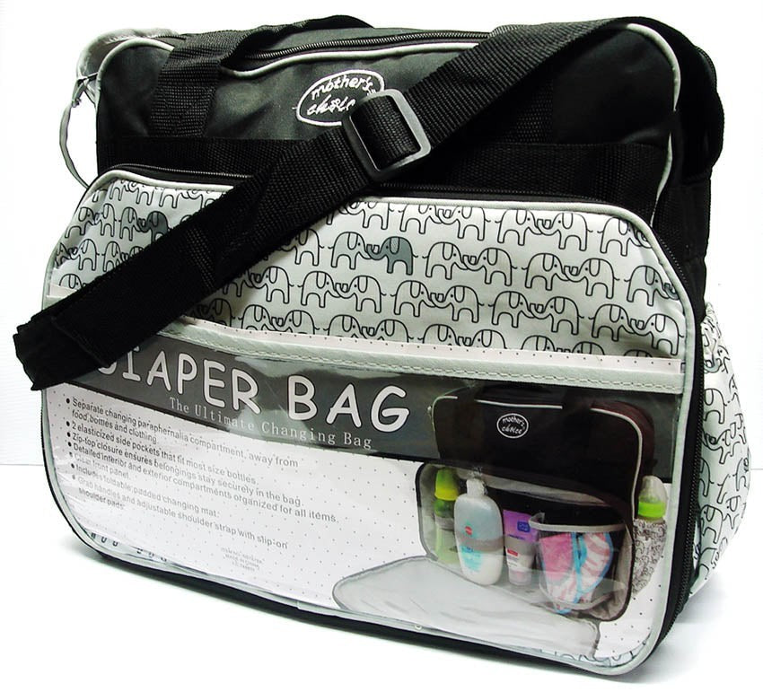 Diaper bag with black strap and elephant pattern on a white background