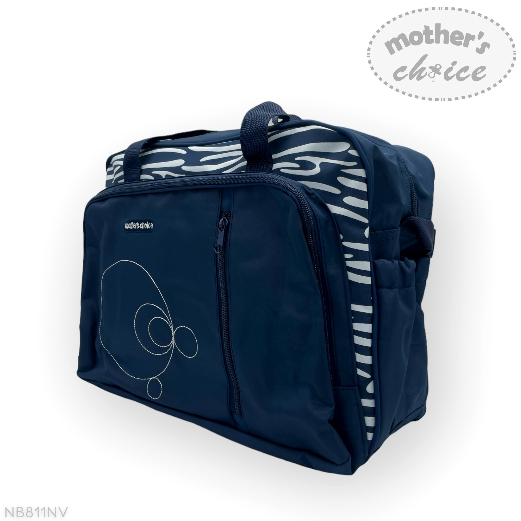 Navy blue bag with zebra pattern on a white background, featuring 'mother's choice' branding.