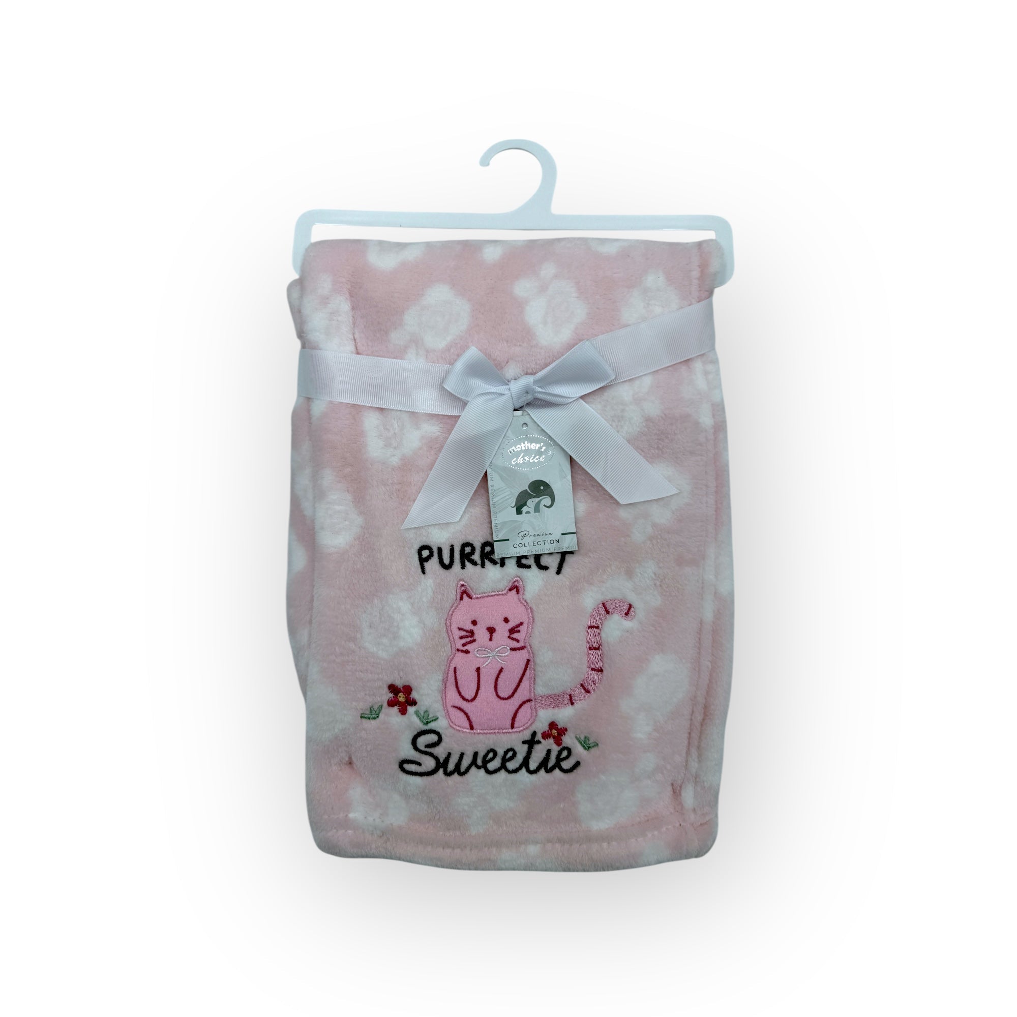Pink baby blanket with cat design and text on a white background