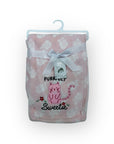 Pink baby blanket with cat design and text on a white background