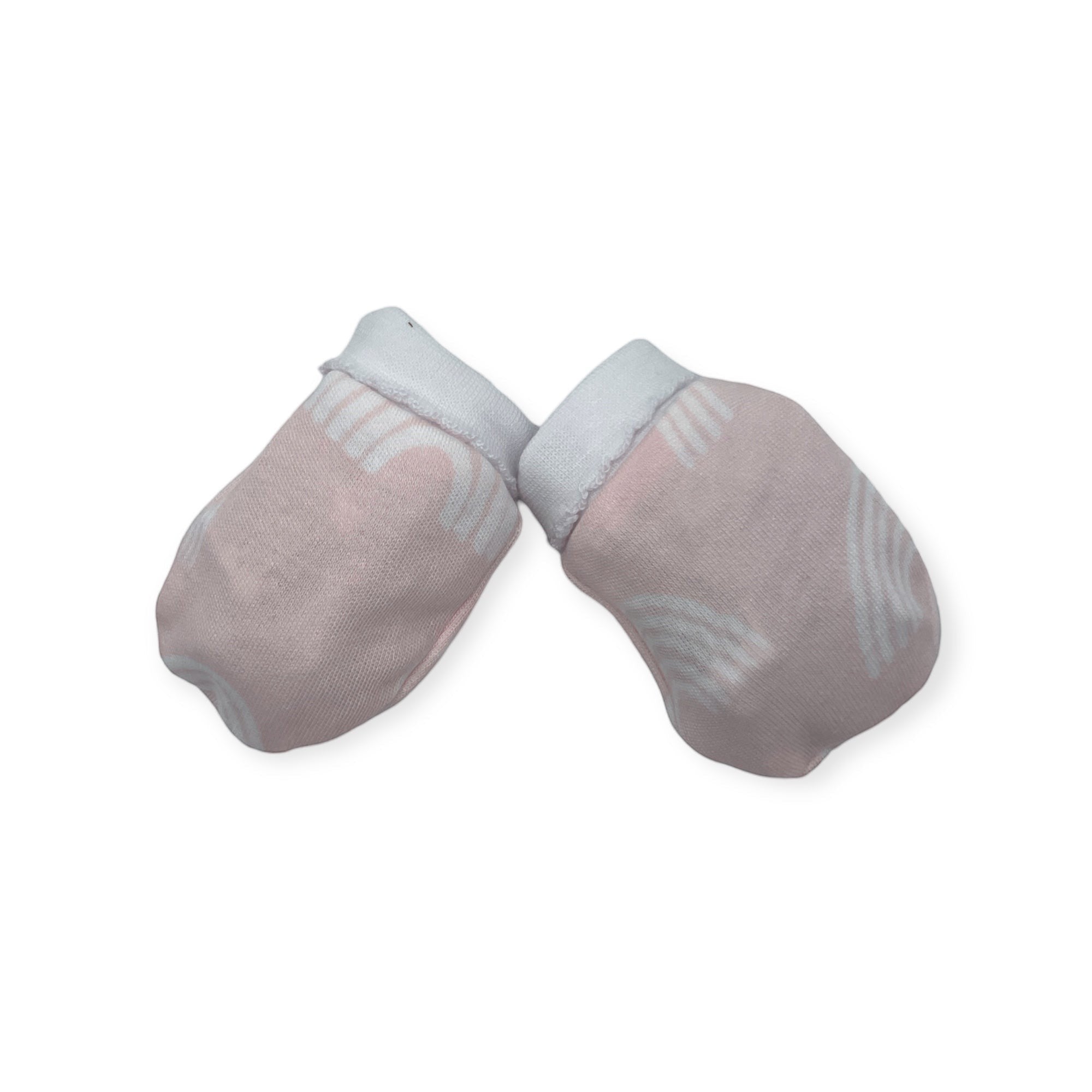 Pair of baby mittens with gray and white pattern on a white background