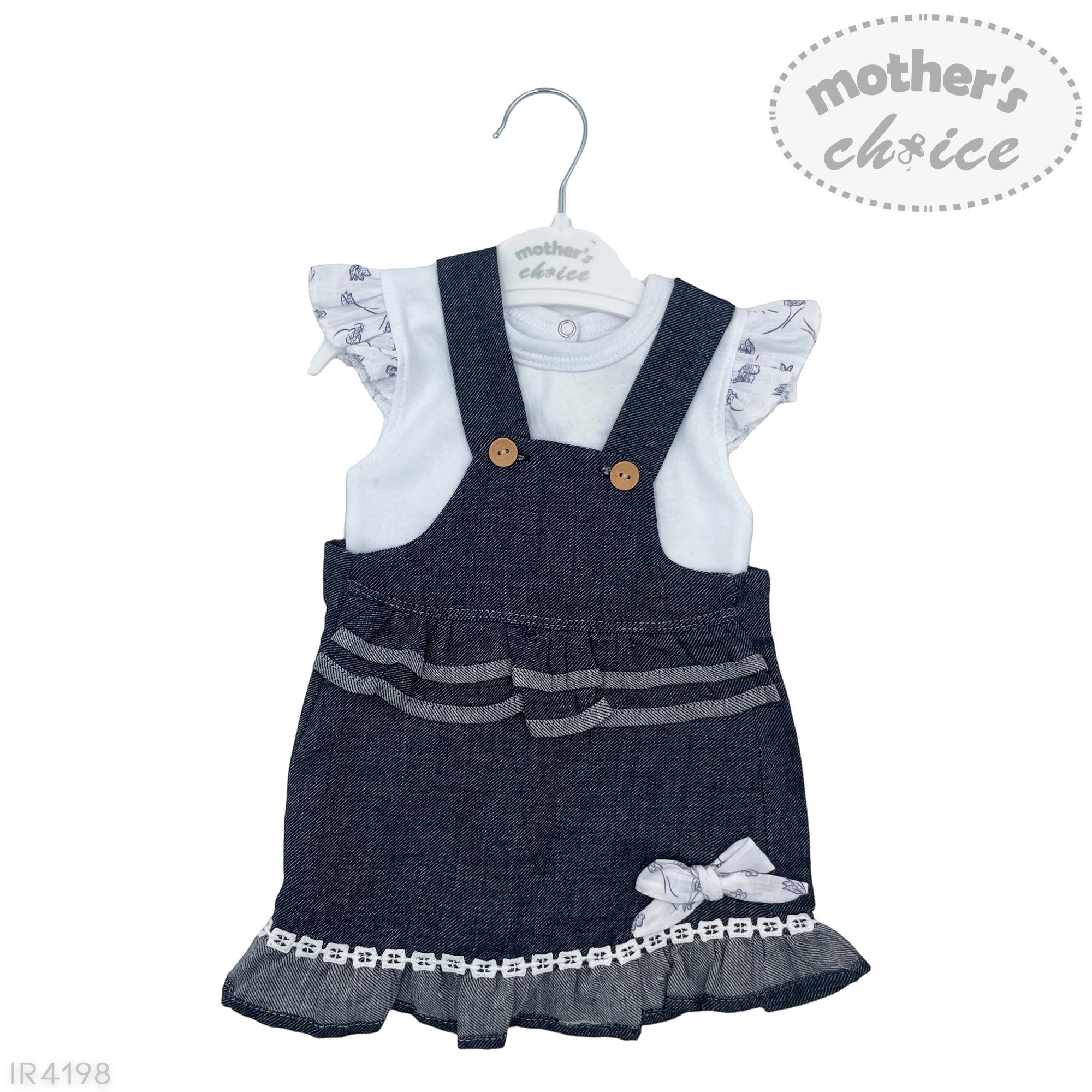 Baby outfit with denim dress and white top on a hanger, branded 'Mother's Choice'.
