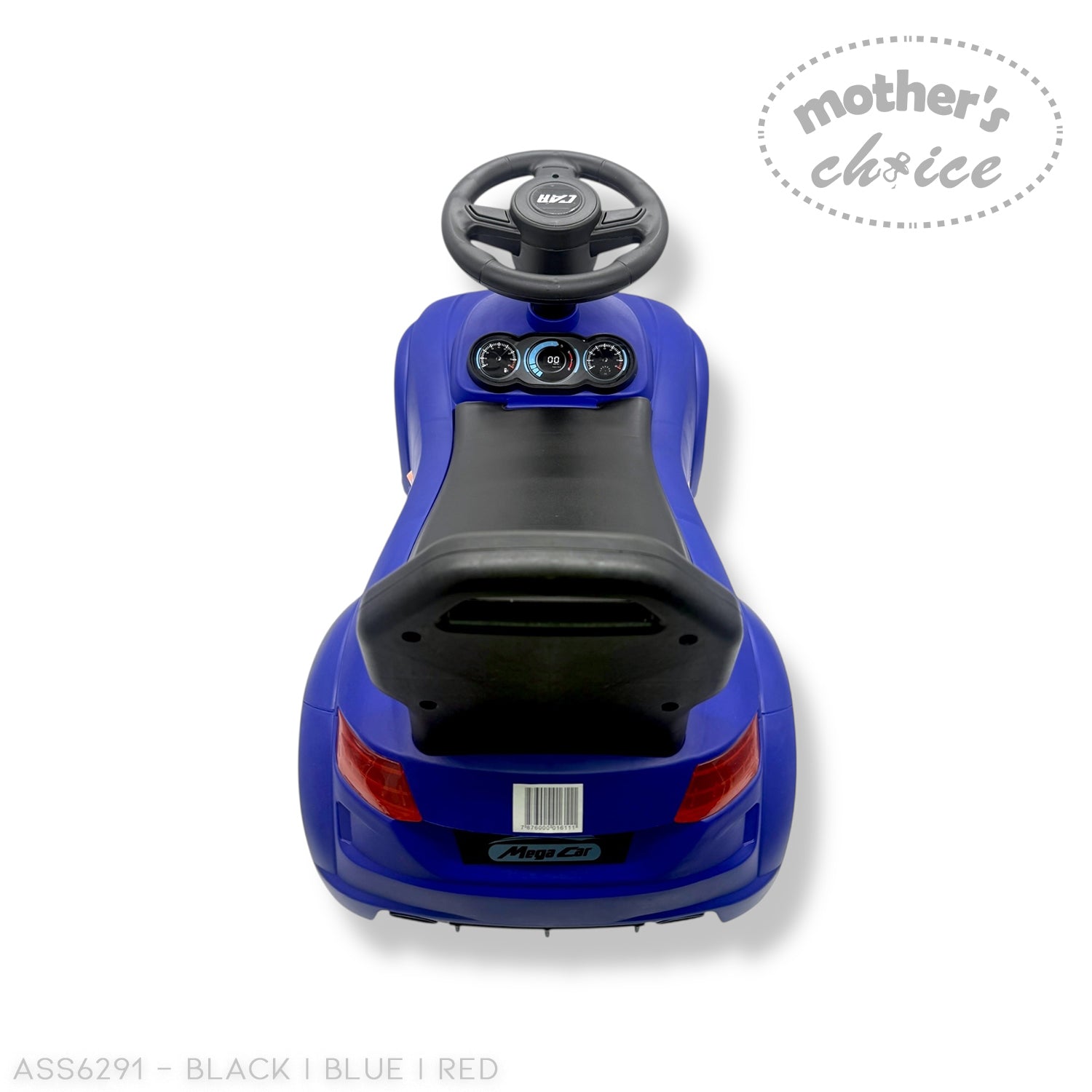 Blue toy car with black steering wheel on a white background