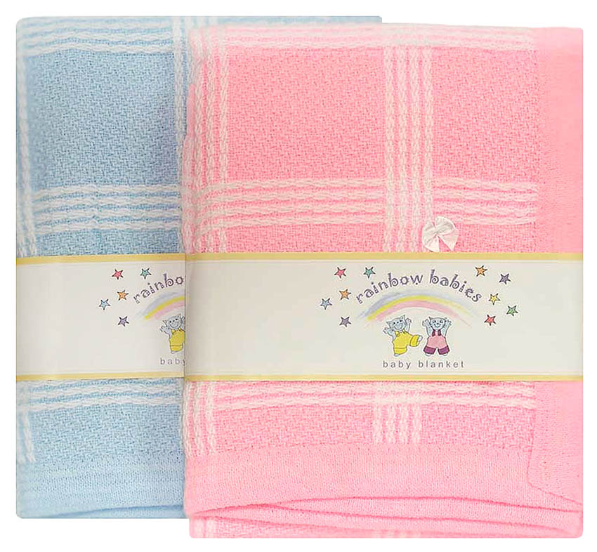 Two baby blankets, one blue and one pink, with 'Rainbow Babies' branding.
