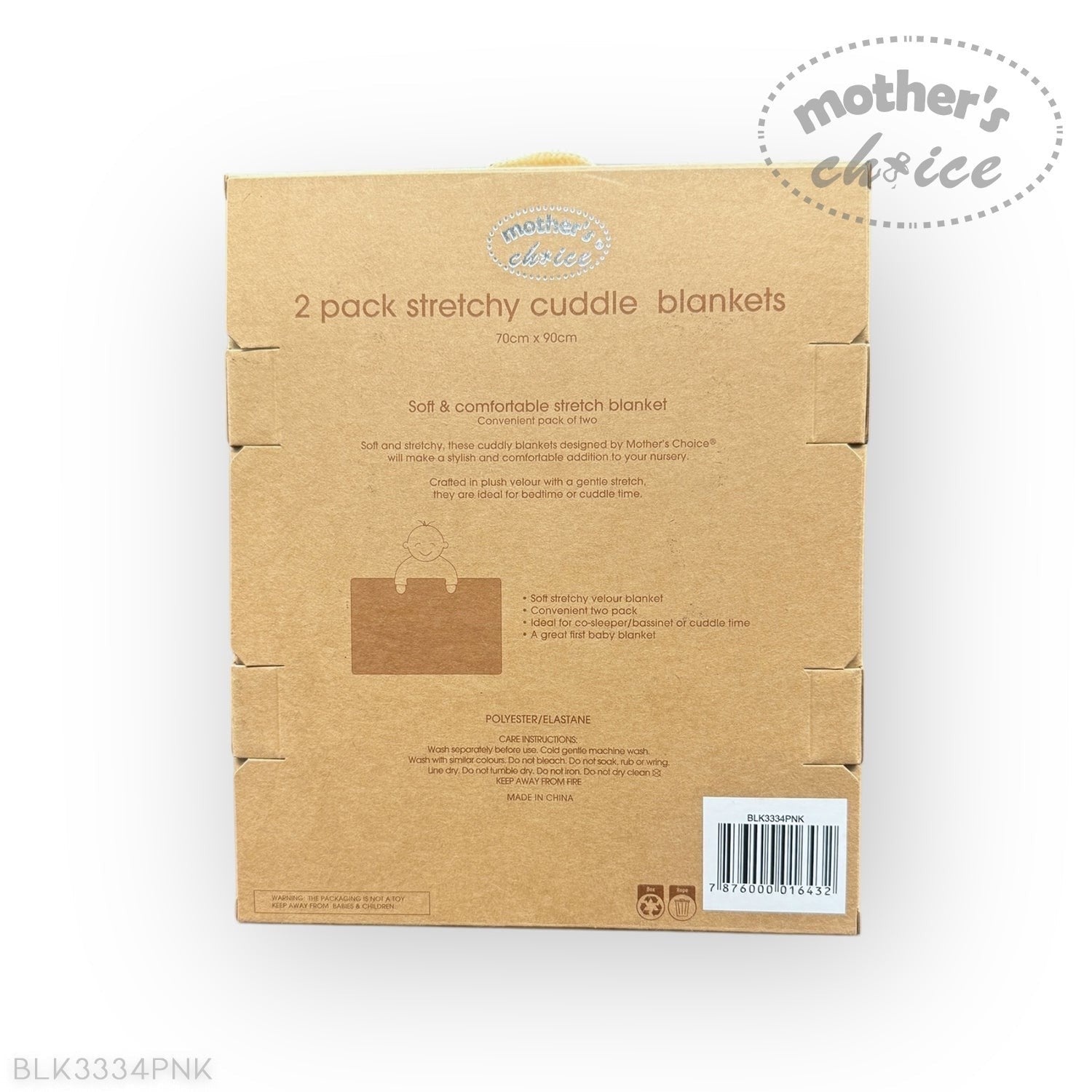 Cardboard box packaging for 'Mother's Choice' stretchy cuddle blankets on a white background