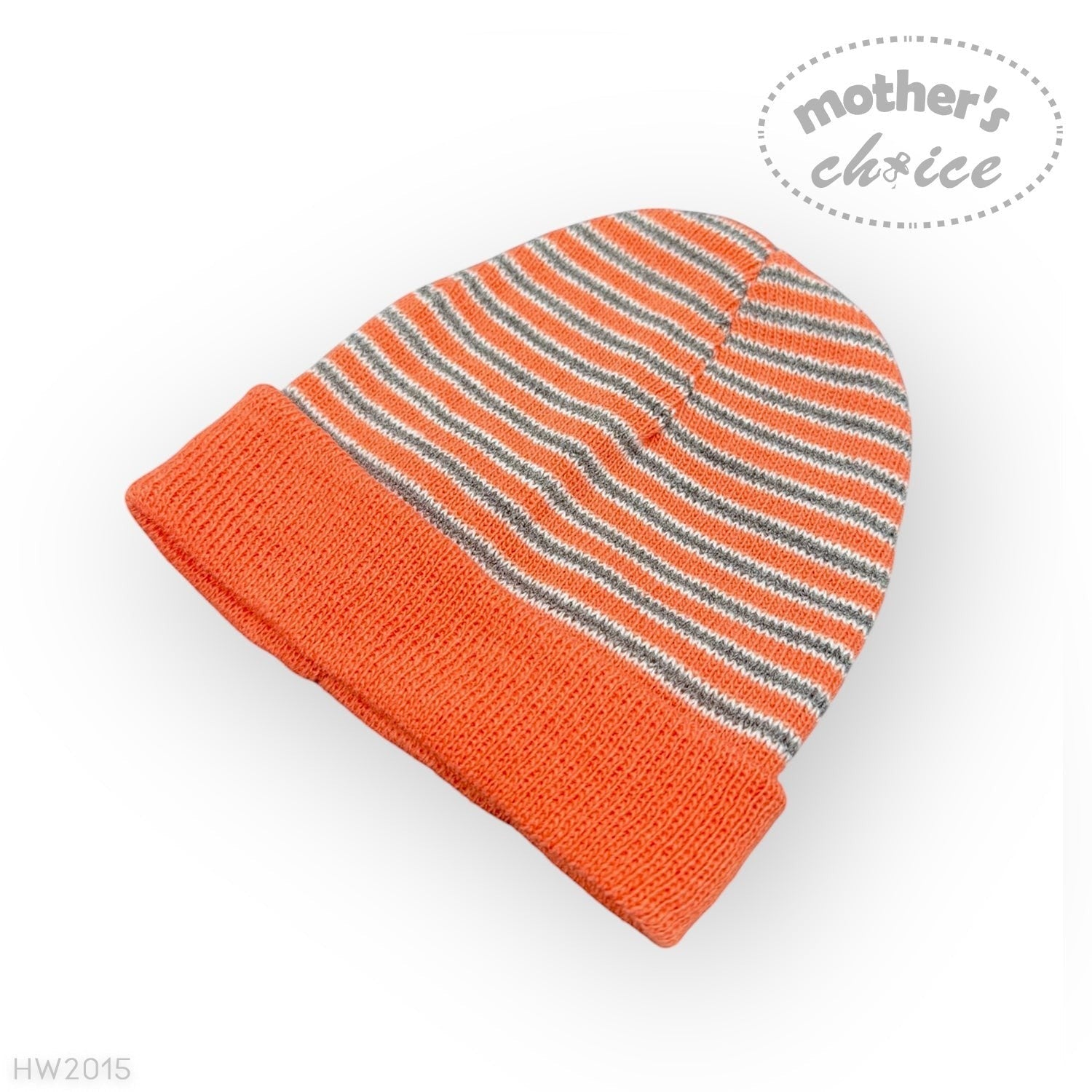 Orange and gray striped beanie on a white background with 'mother's choice' branding.