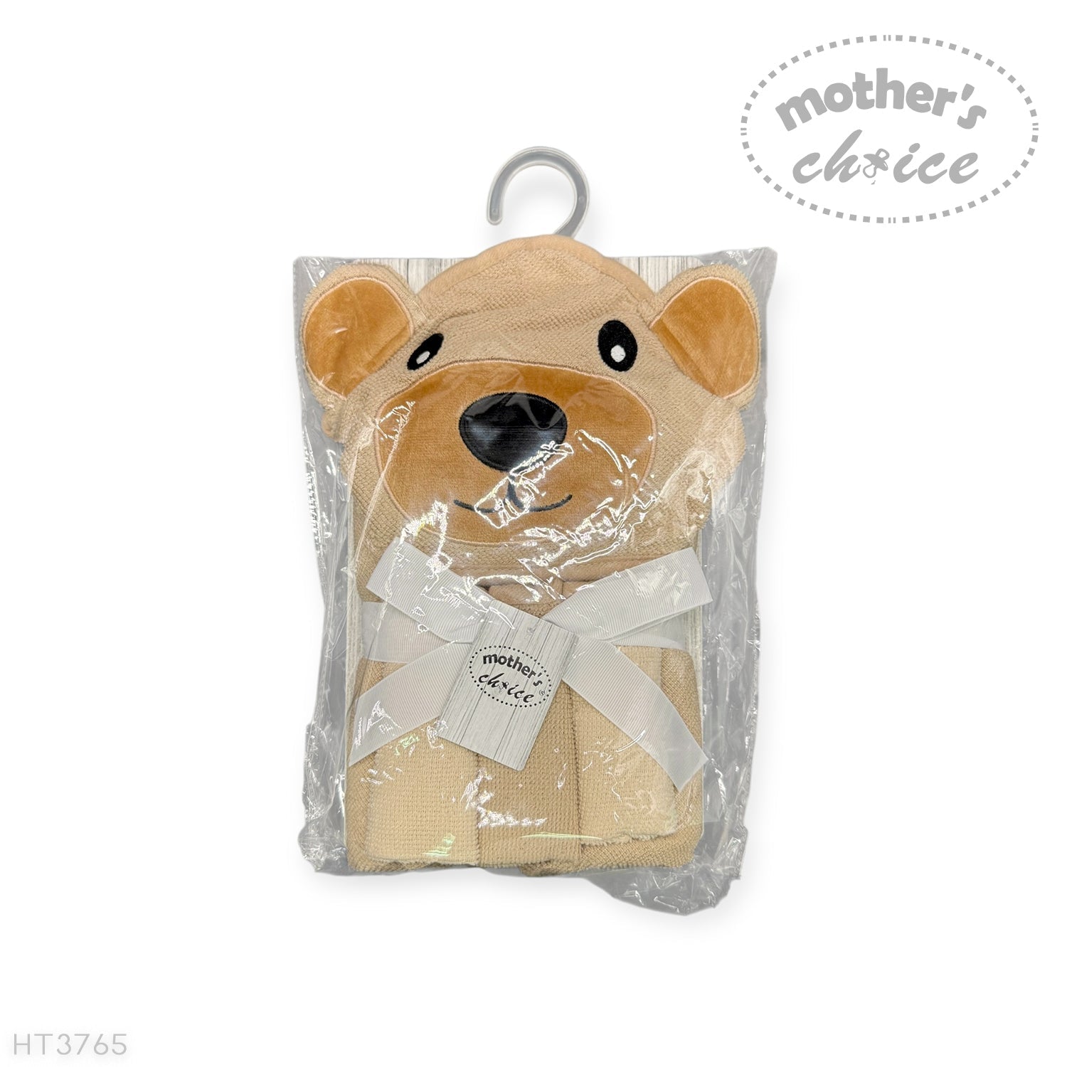 Packaged baby towel with bear design and 'Mother's Choice' branding on a white background