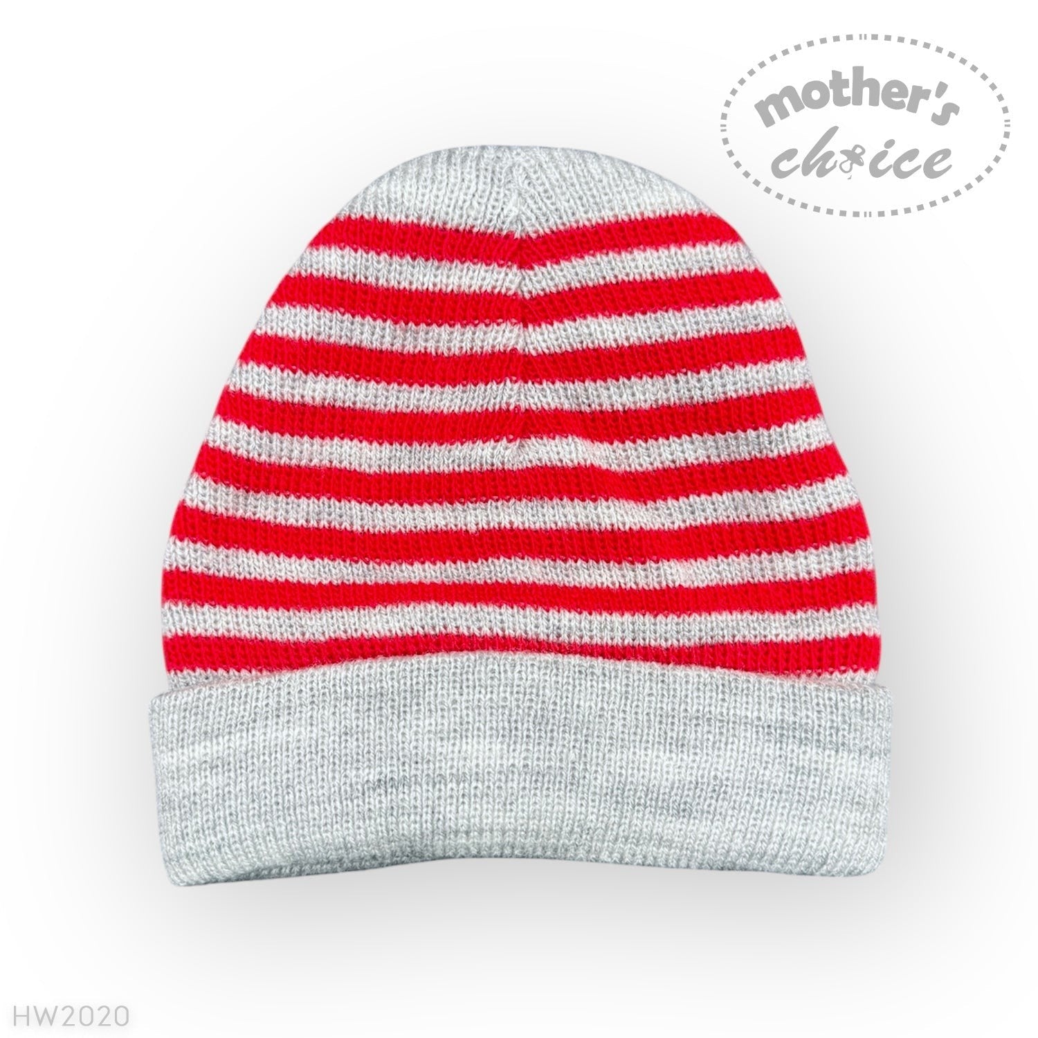 Striped beanie with red and gray stripes on a white background, branded 'Mother's Choice'.