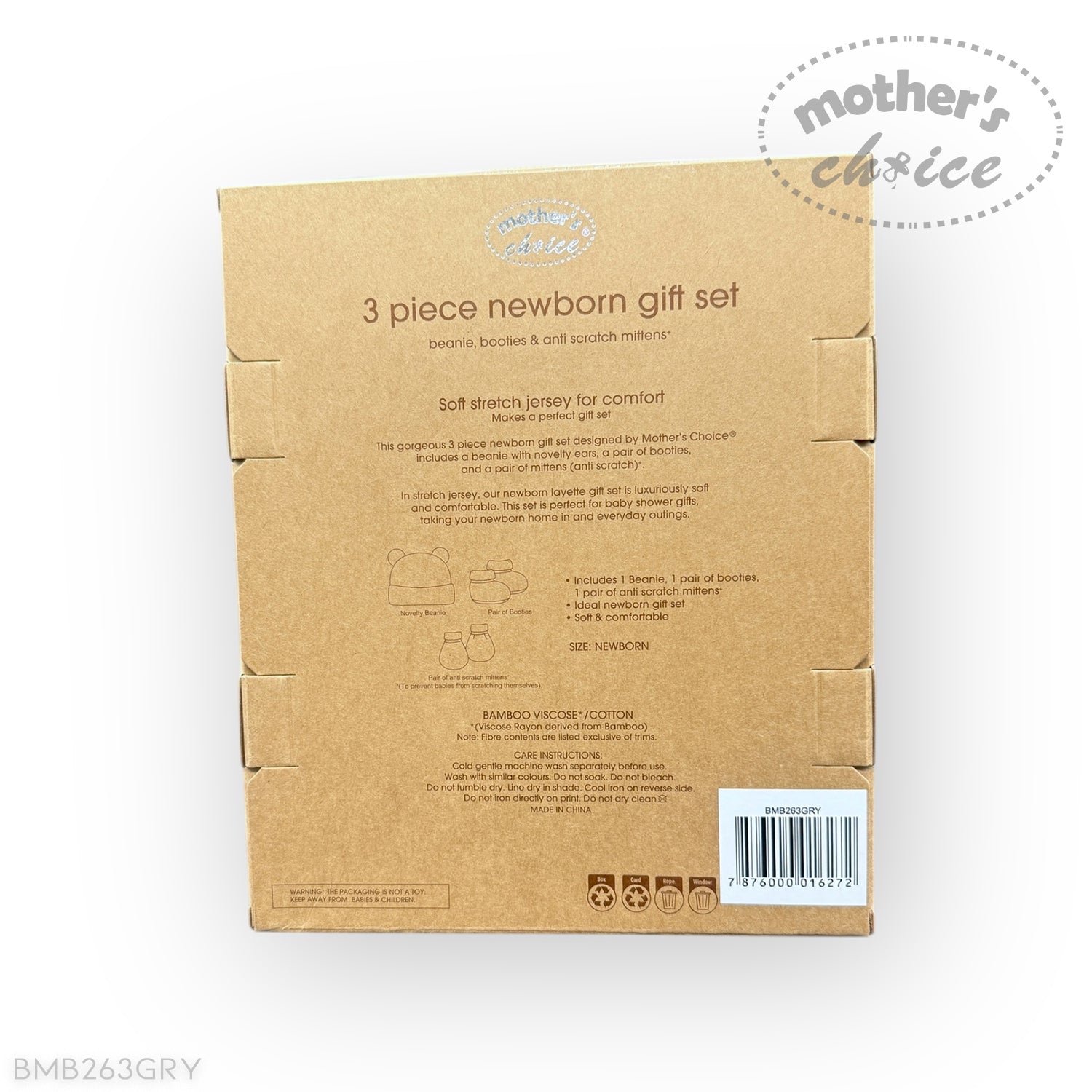 Brown cardboard box with text and 'Mother's Choice' branding on a white background