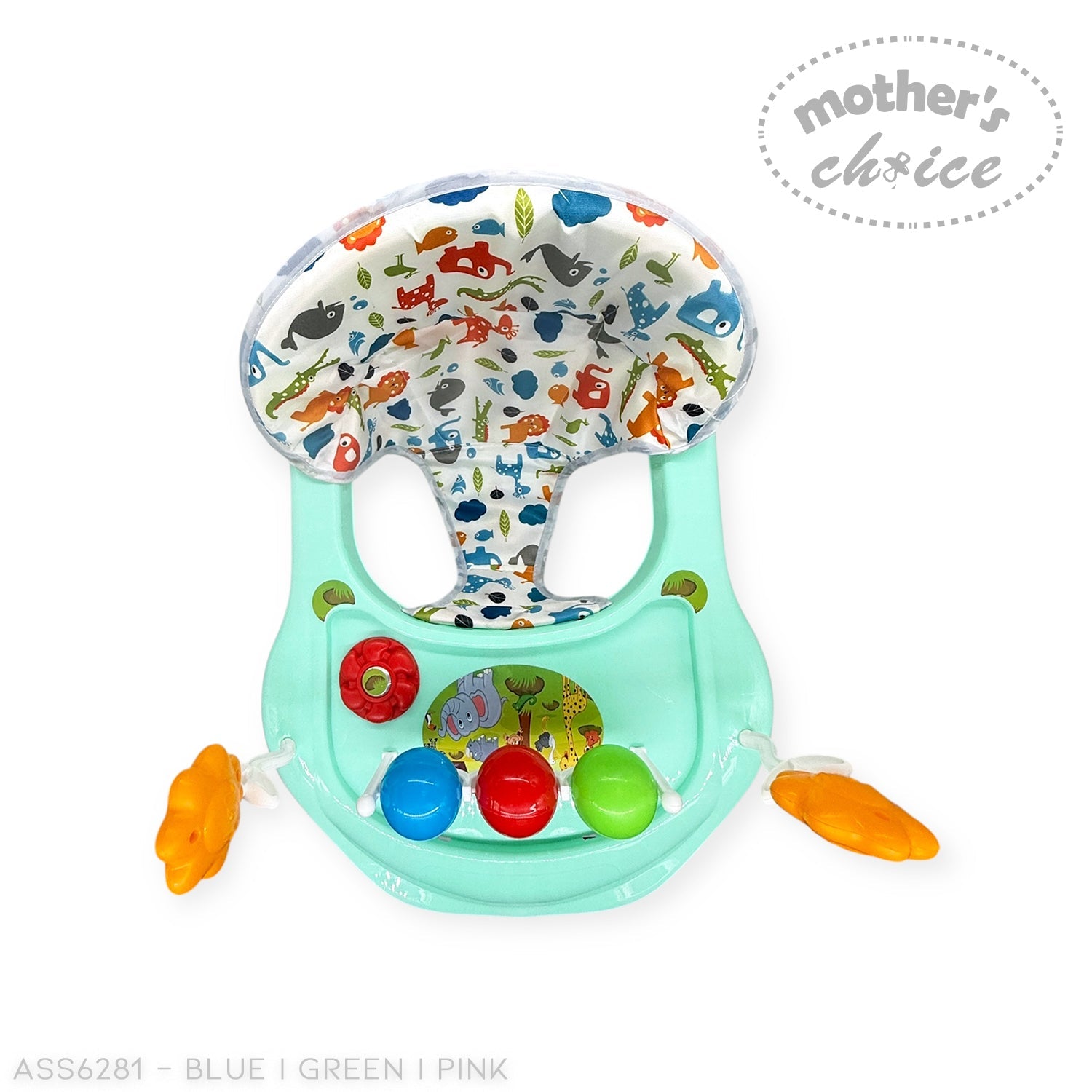Baby activity seat with colorful design and toys on a white background, branded 'Mother's Choice'.