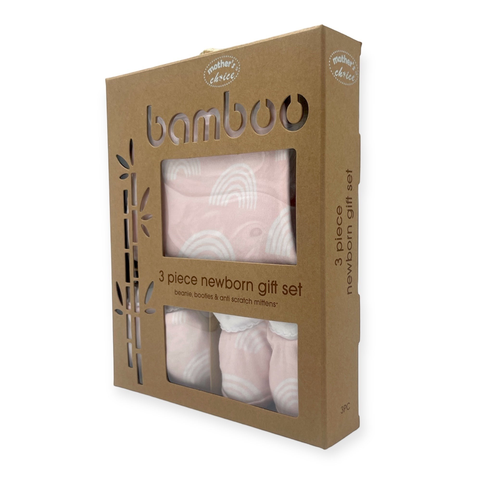 Bamboo 3-piece newborn gift set packaging with a clear window showing pink baby clothes.