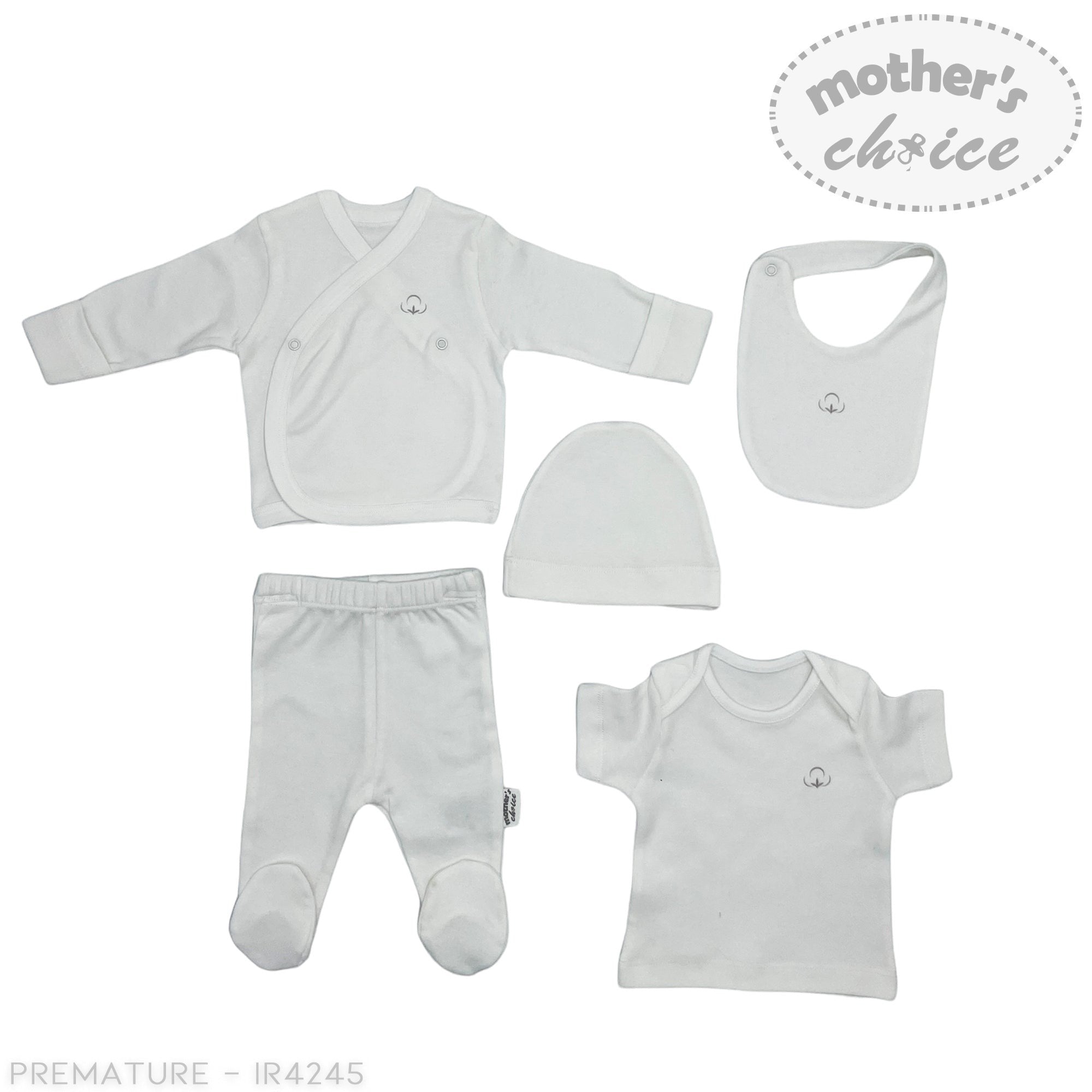 Premature baby clothing set with a shirt, pants, hat, and bib on a white background.