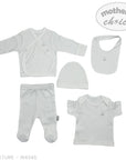 Premature baby clothing set with a shirt, pants, hat, and bib on a white background.