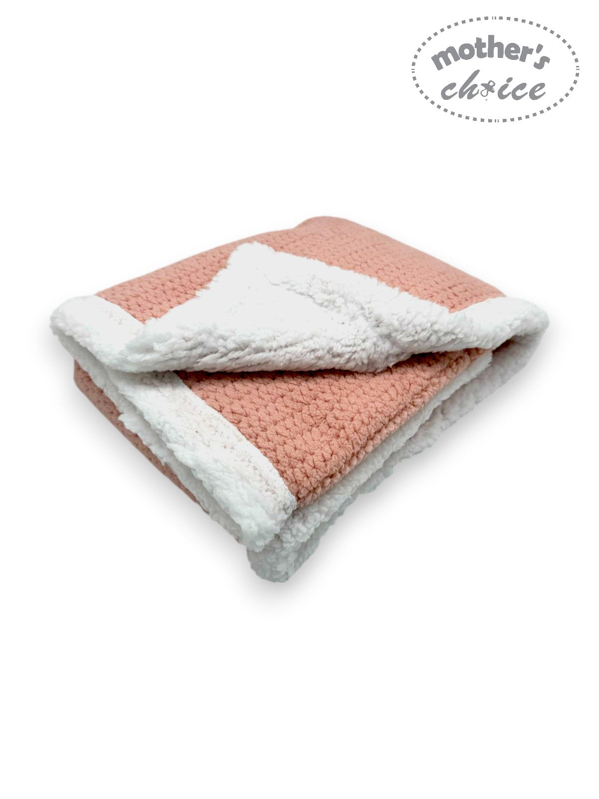 Pink and white blanket with 'Mother's Choice' branding on a white background