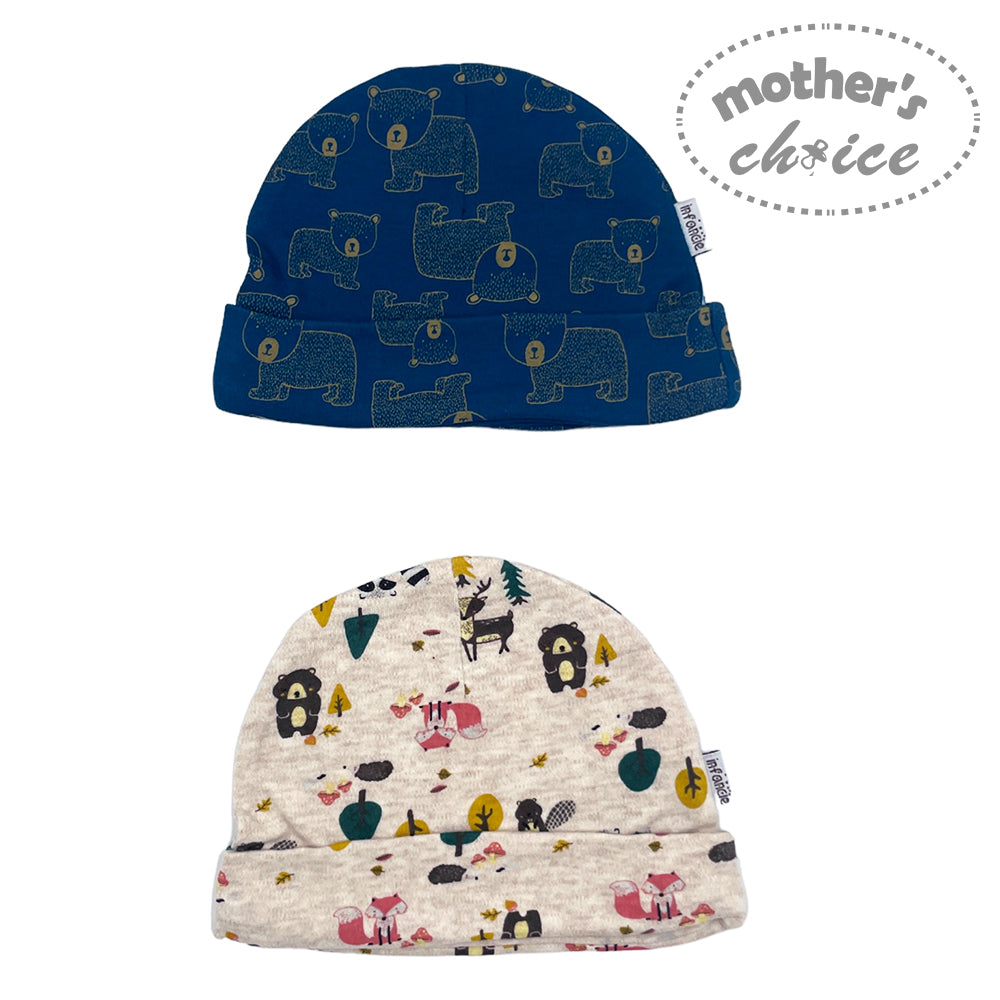 Two baby hats with animal patterns on a white background, branded 'mother's choice'.