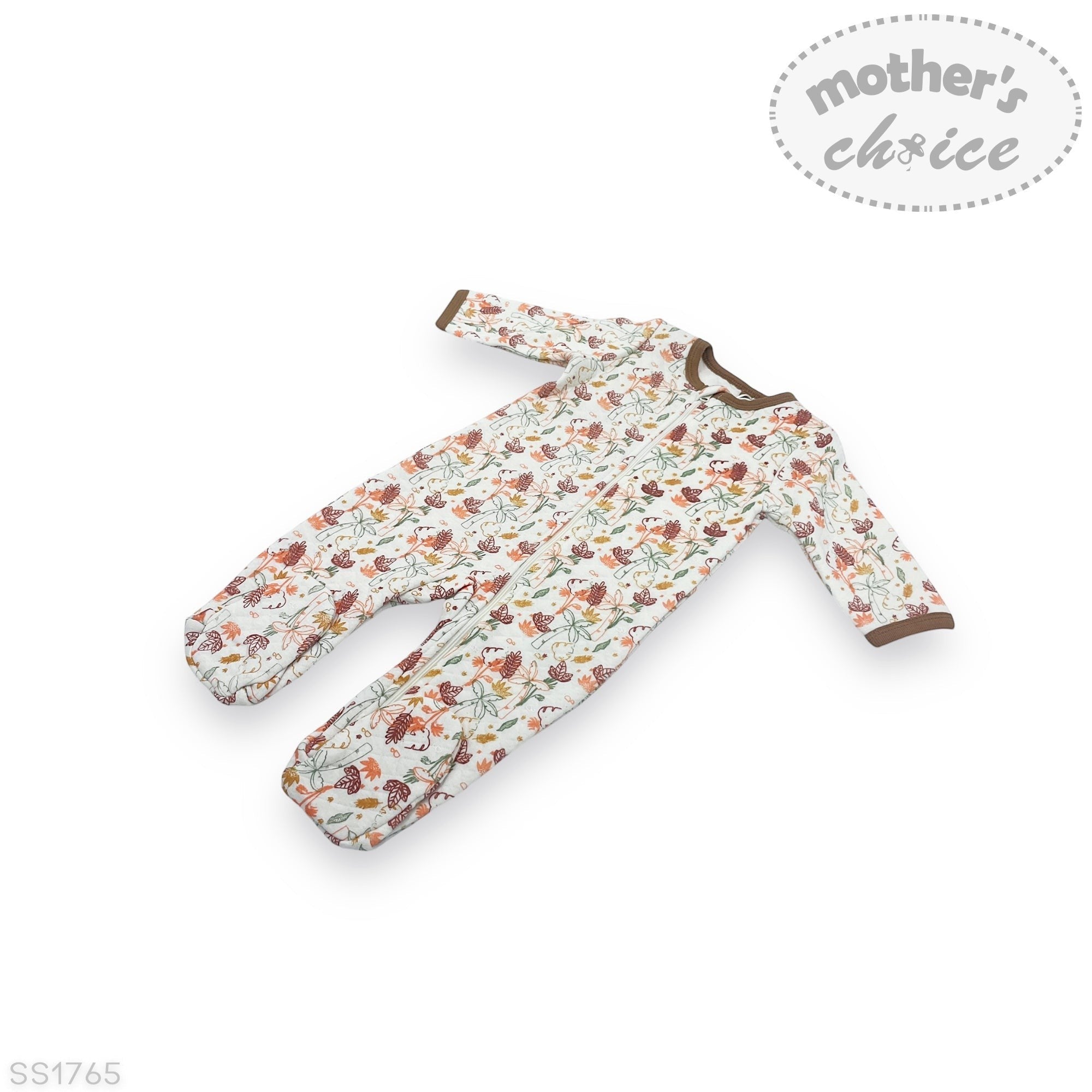 Baby onesie with floral pattern on a white background, featuring 'mother's choice' branding.