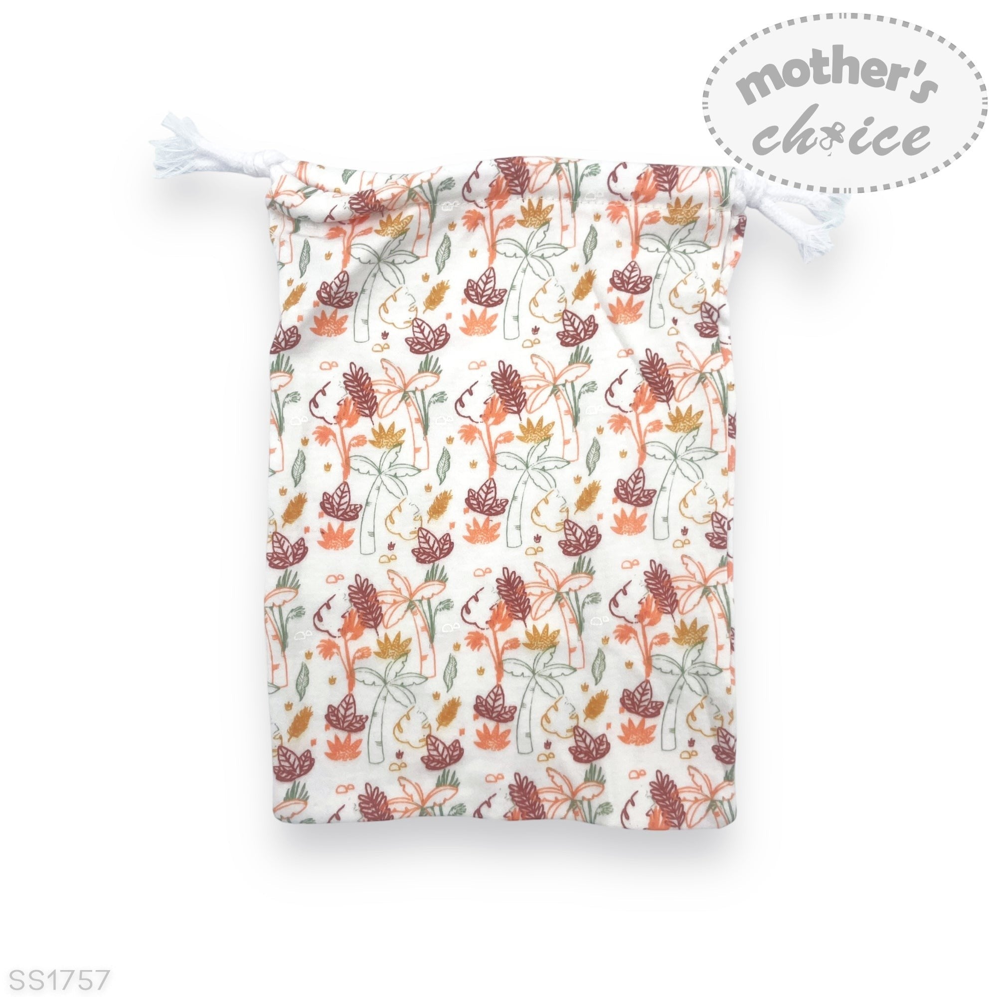 Floral patterned fabric on a white background with 'mother's choice' branding.
