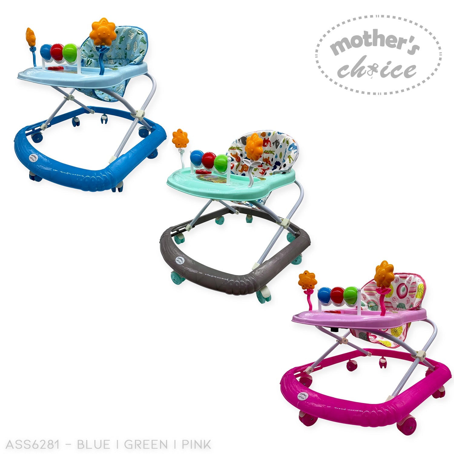 Three colorful baby walkers with toys on a white background, branded 'Mother's Choice'.