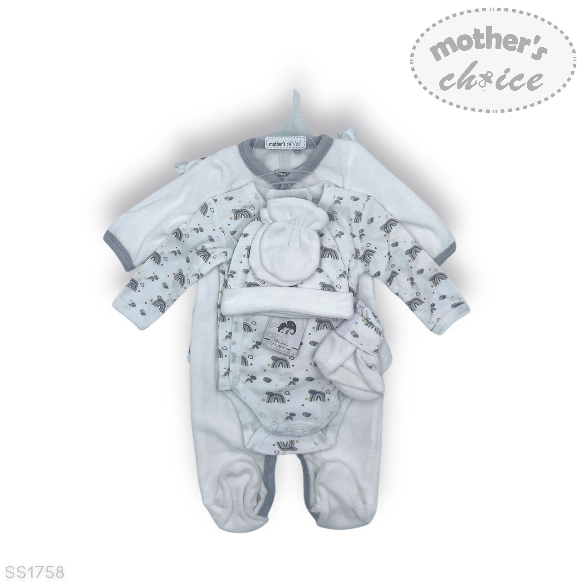 Baby clothing set with onesie, hat, and booties on a white background with 'Mother's Choice' branding.