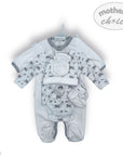 Baby clothing set with onesie, hat, and booties on a white background with 'Mother's Choice' branding.