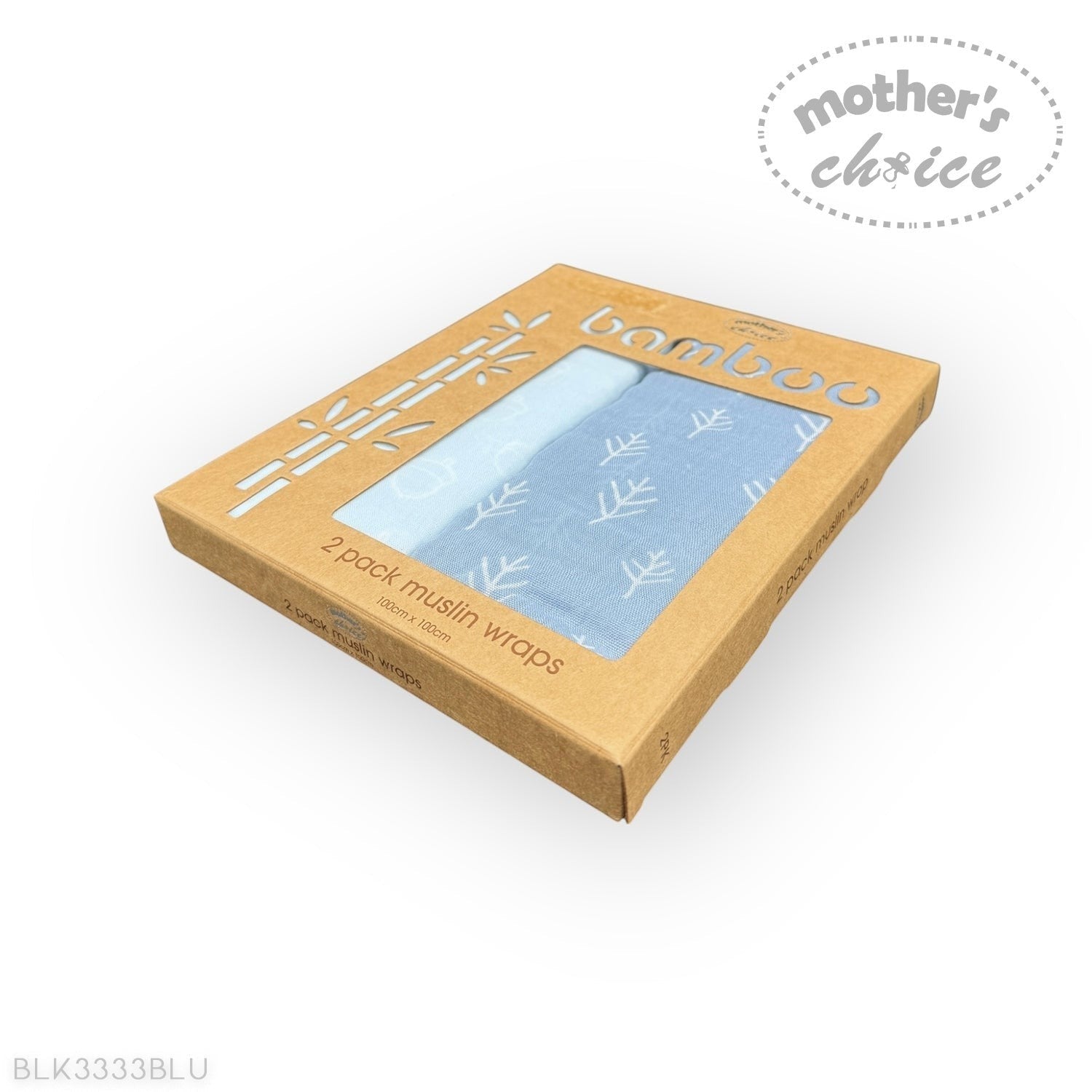 Box of bamboo muslin wraps with a blue towel on a white background