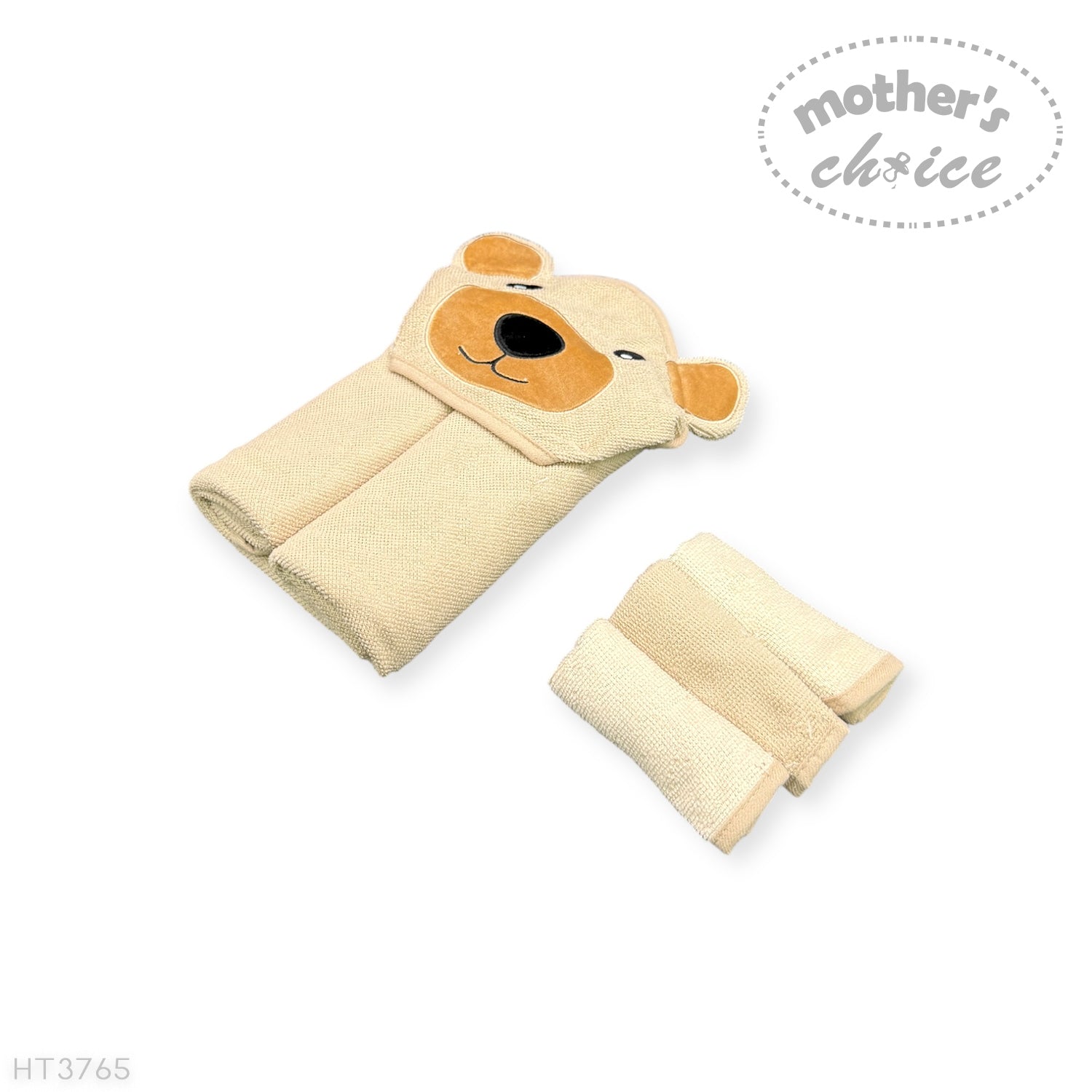 Baby towel with bear design and folded towel on a white background, branded 'Mother's Choice'.