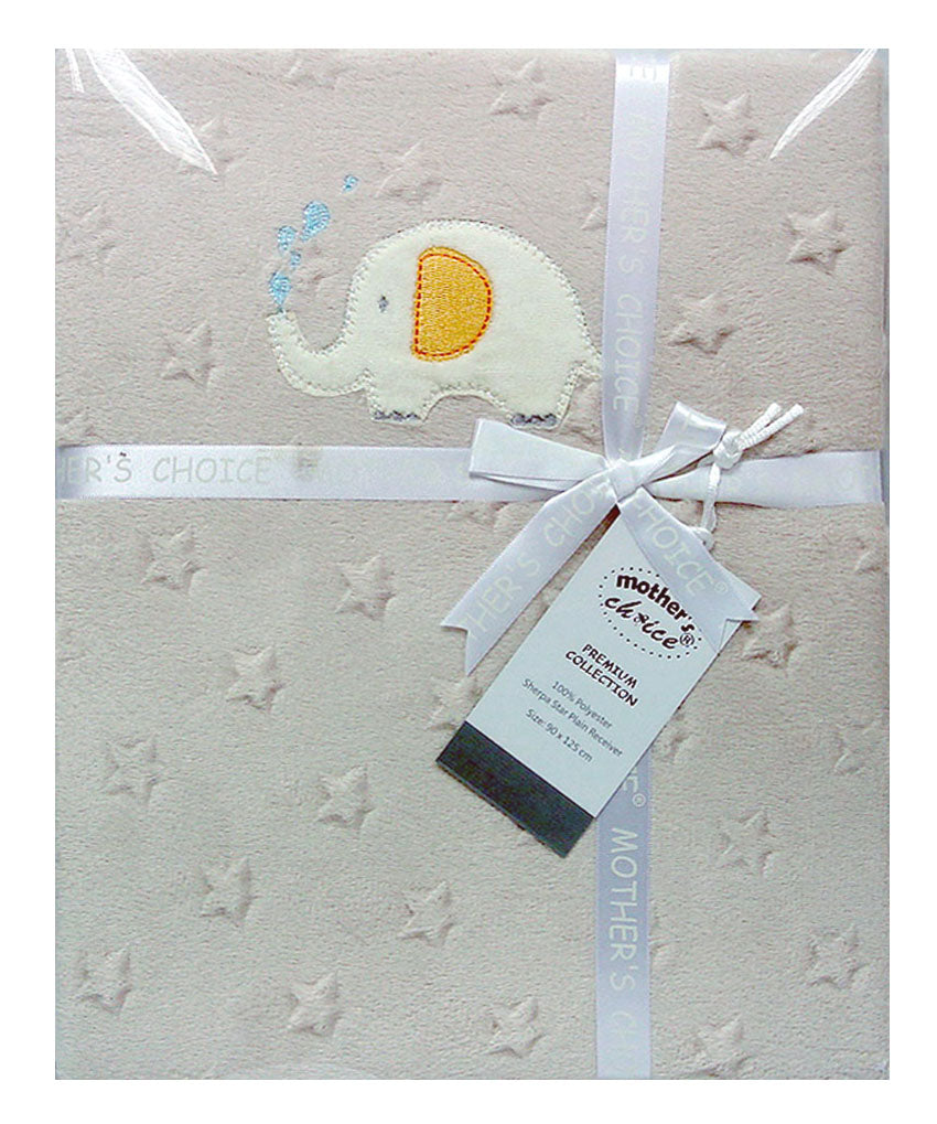 Baby blanket with an elephant design and 'Mother's Choice' tag on a star-patterned background