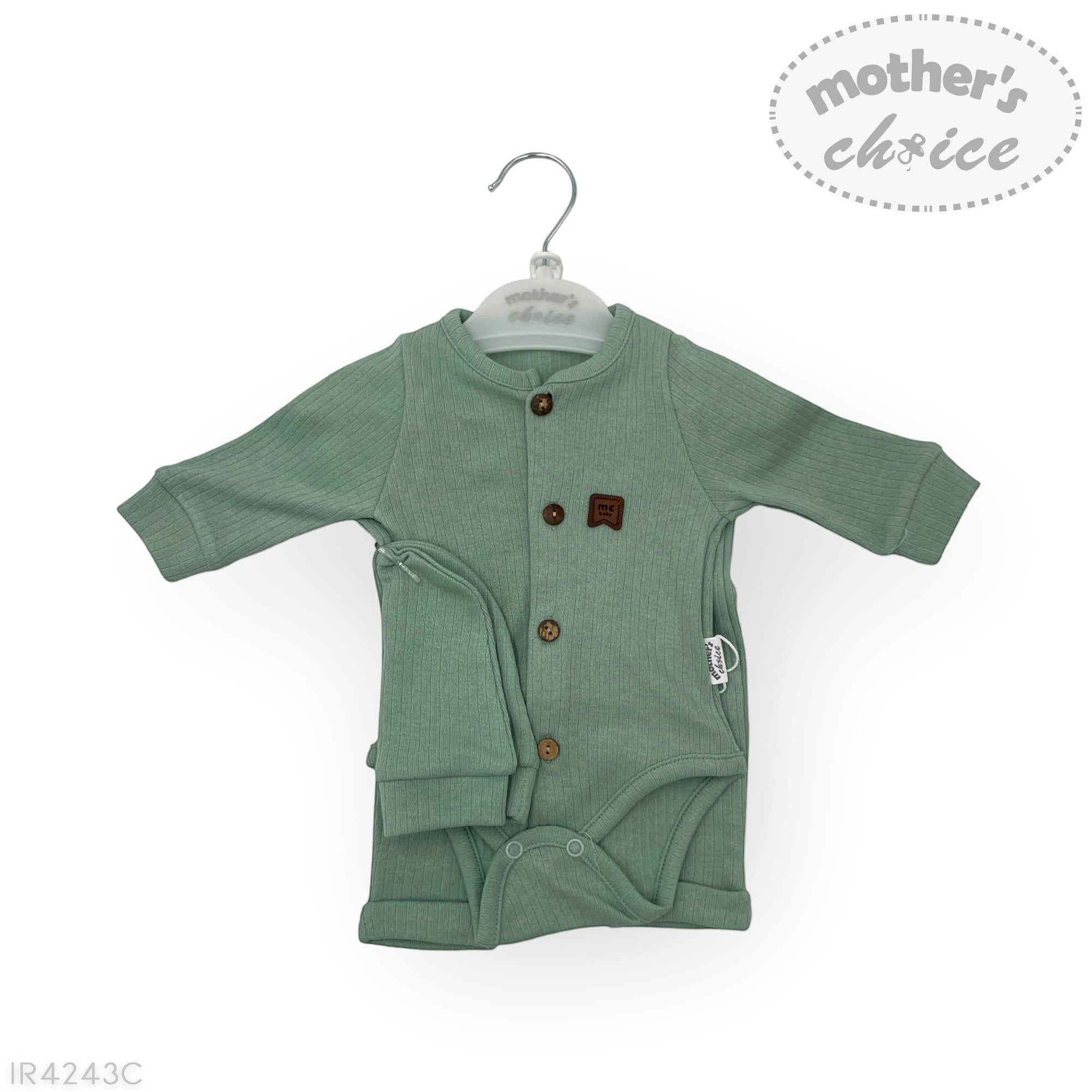 Green baby outfit on a hanger with 'Mother's Choice' branding.