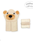 Beige bear-shaped hooded towel with folded towels on a white background, featuring 'Mother's Choice' branding.