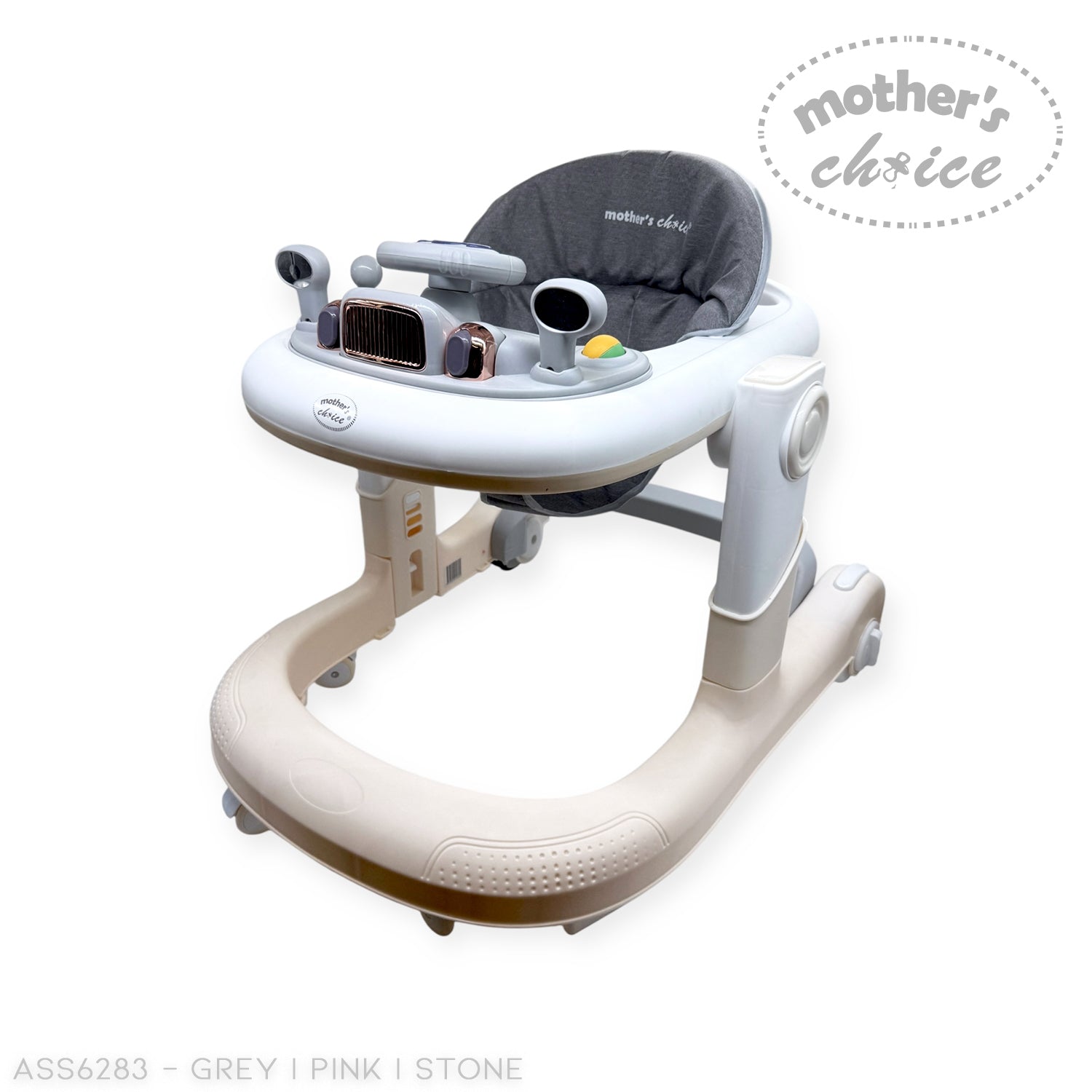 Baby walker with various controls and a seat, branded 'Mother's Choice', on a white background.
