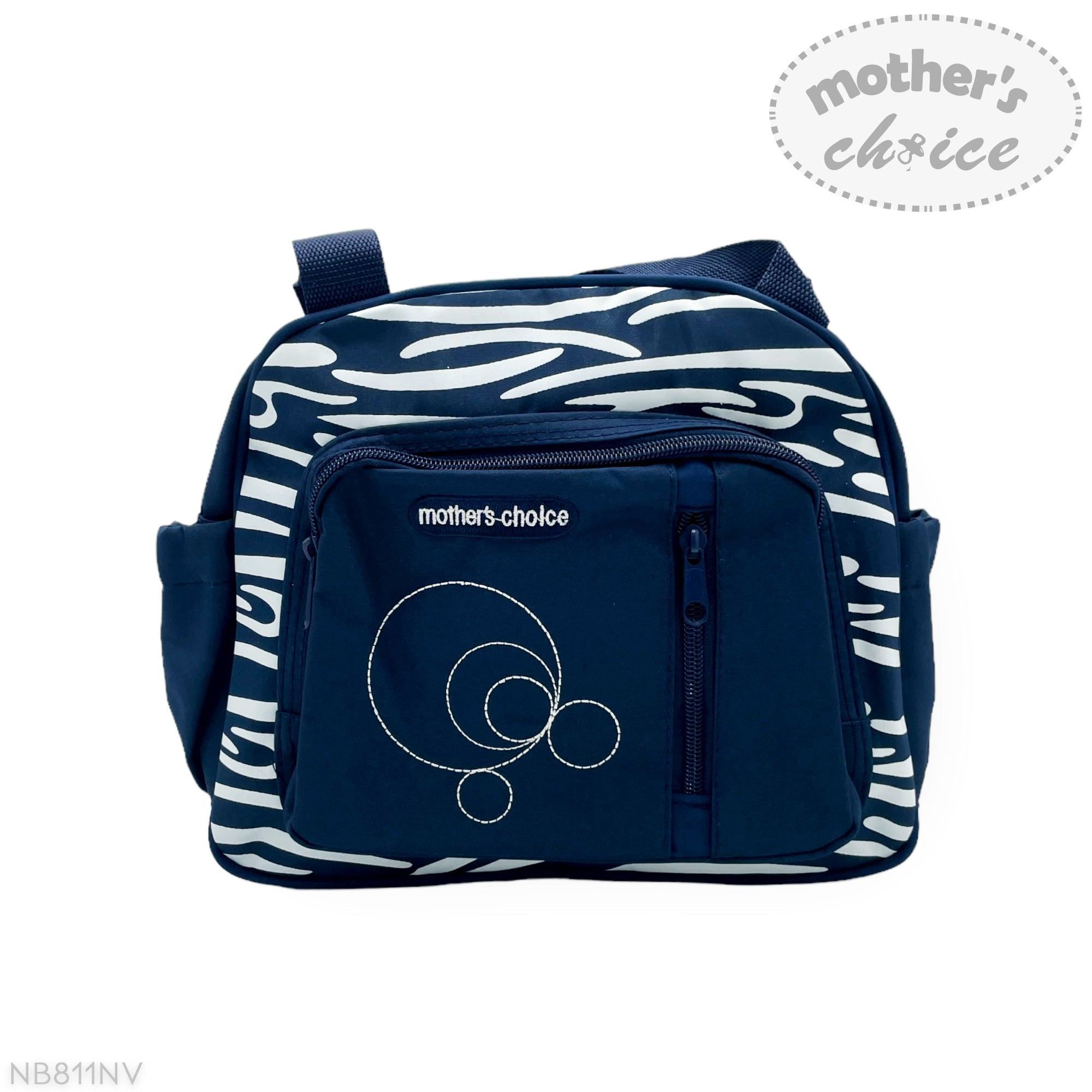 Navy blue backpack with zebra pattern and 'mother's choice' branding on a white background