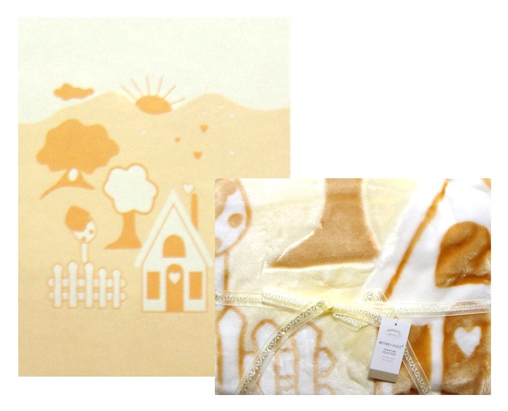 Baby blanket with cartoon design featuring a house, sun, and tree on a white background.