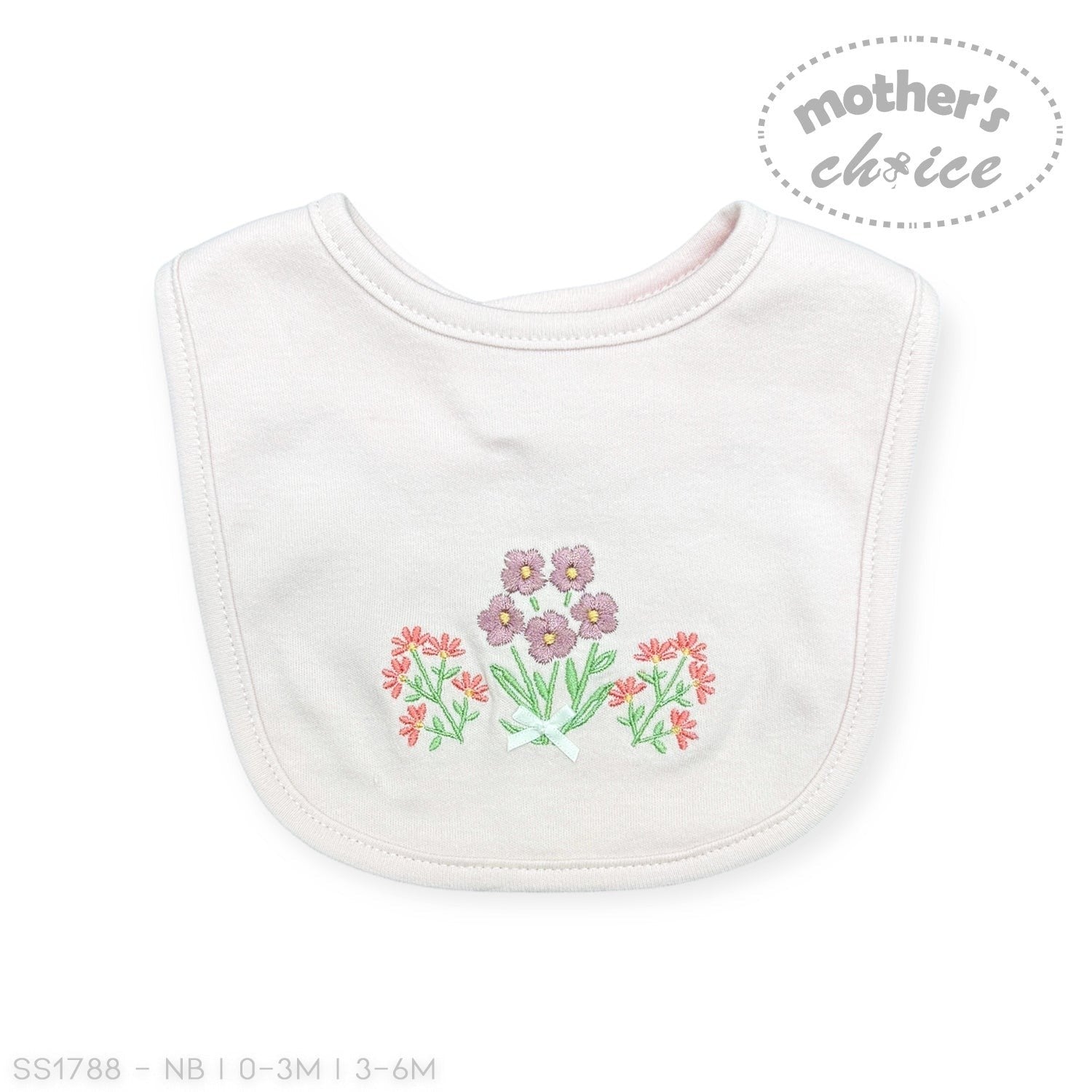 White bib with floral embroidery on a white background, featuring 'Mother's Choice' branding.