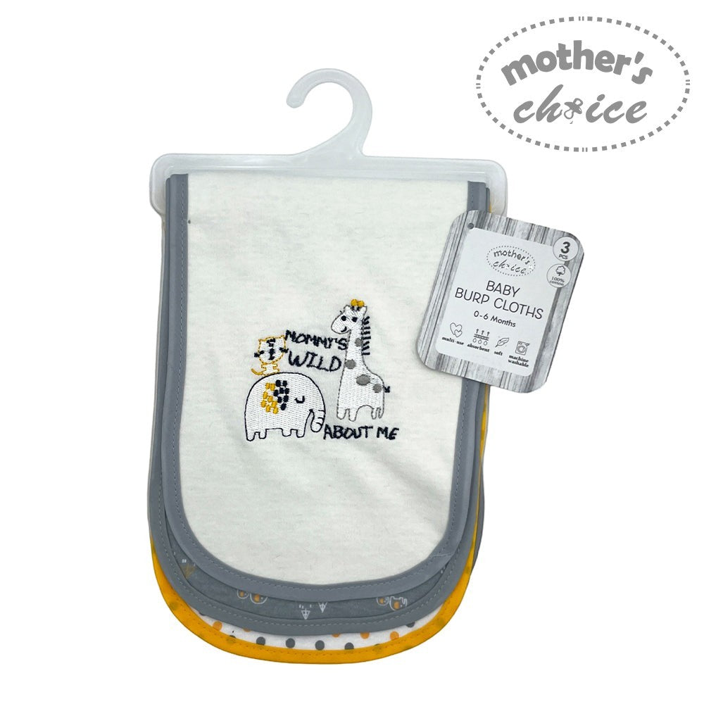 Baby burp cloth with cartoon animals and text on a hanger, branded 'Mother's Choice'.