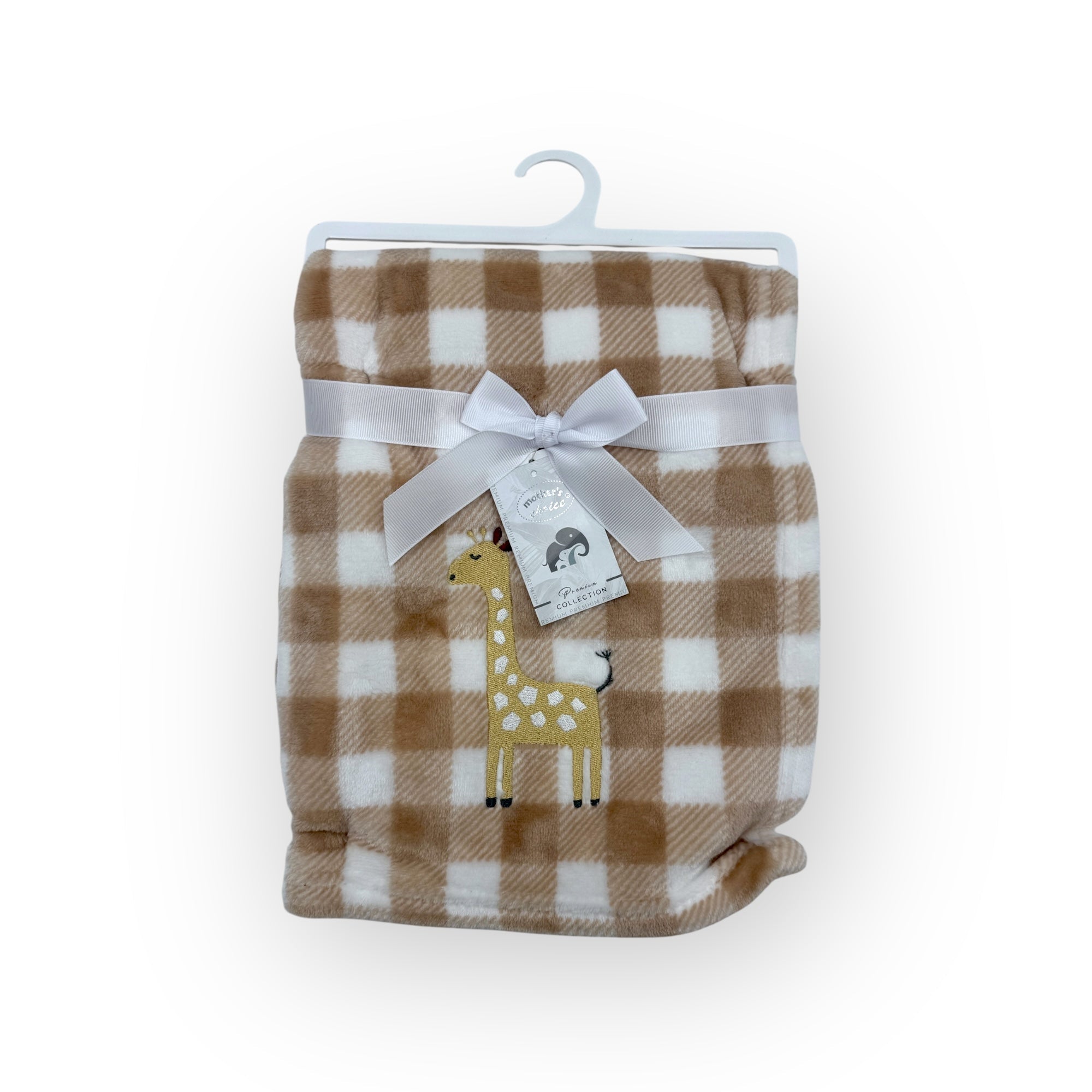 Folded checkered blanket with a white bow and tag on a white background