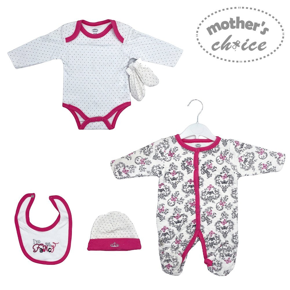 Baby clothing set with onesie, bib, hat, and booties on a white background with 'Mother's Choice' branding.