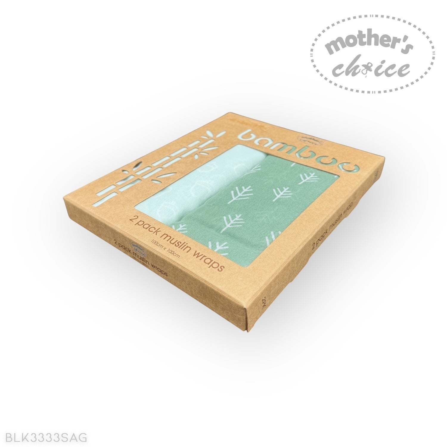 Box of bamboo muslin wraps with a green pattern on a white background