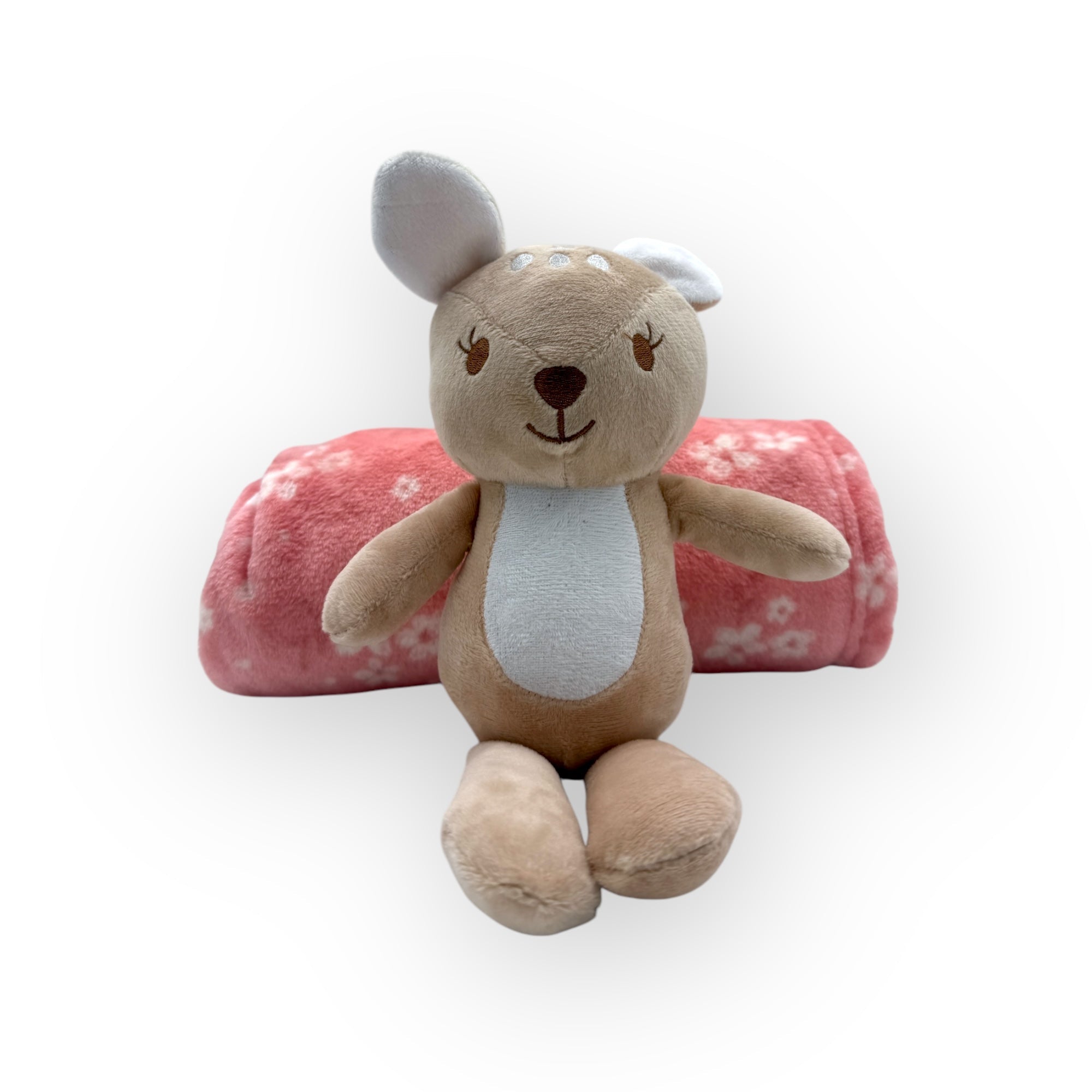 Plush deer toy with a pink pillow on a white background