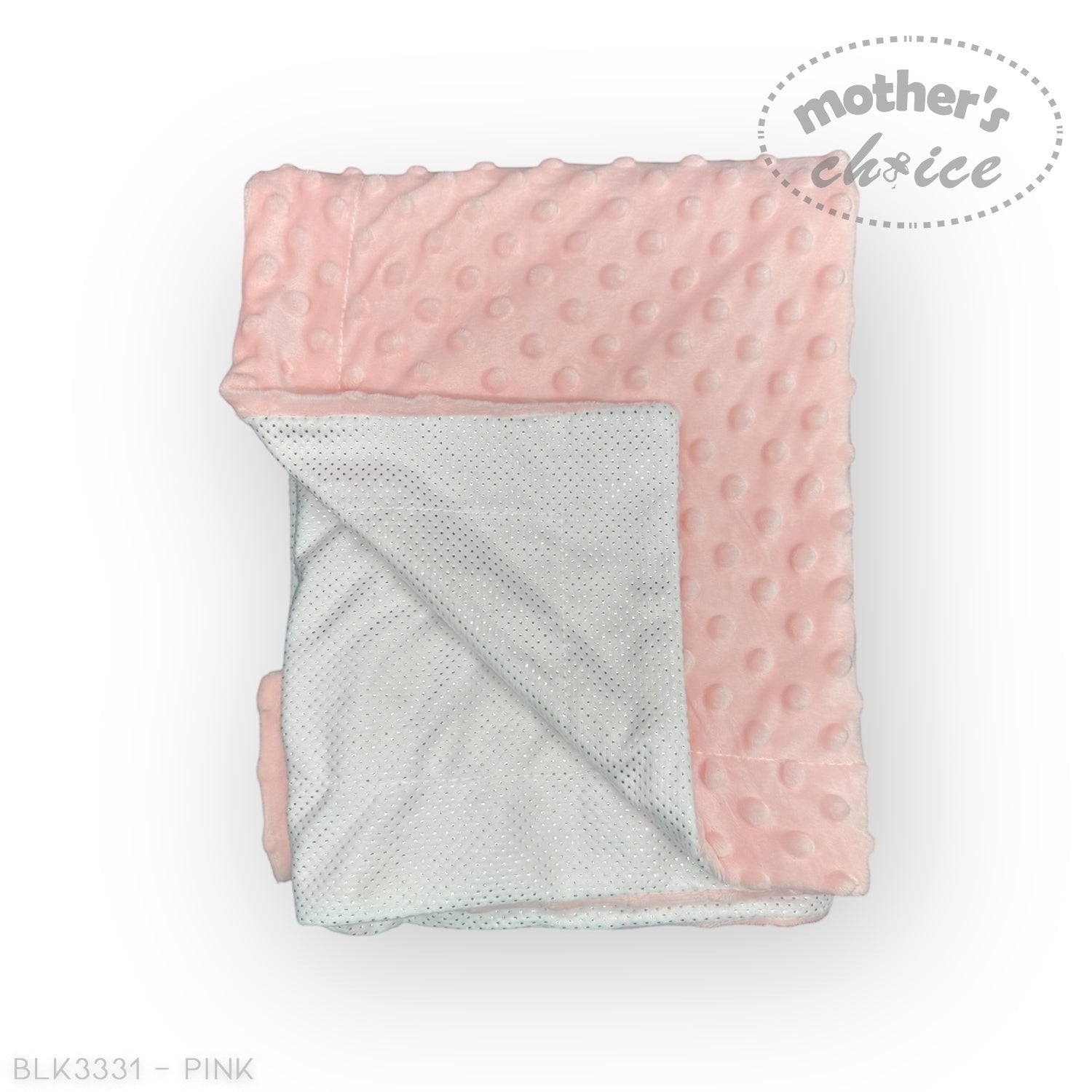 Pink and gray baby blanket with 'Mother's Choice' branding on a white background