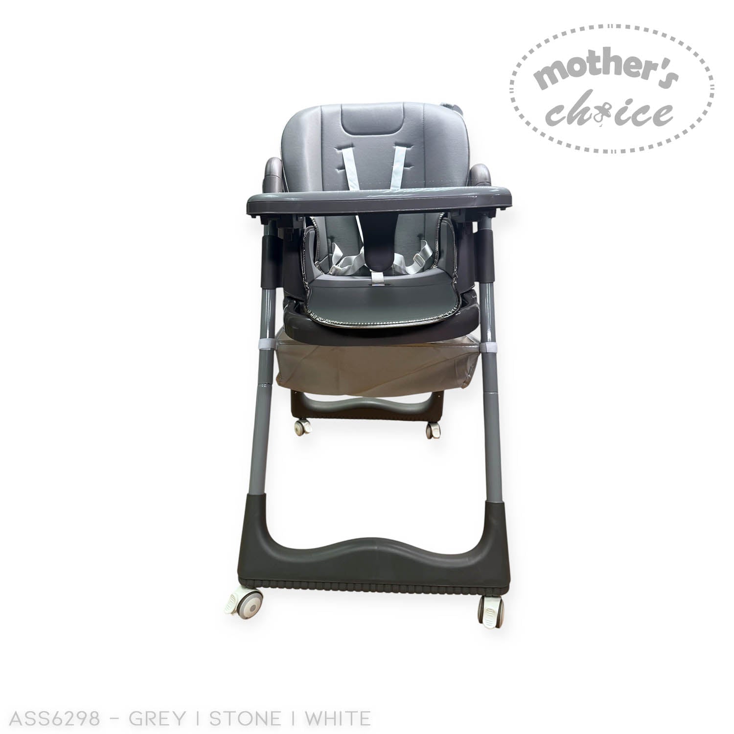 Gray high chair with wheels on a white background, featuring 'Mother's Choice' branding.
